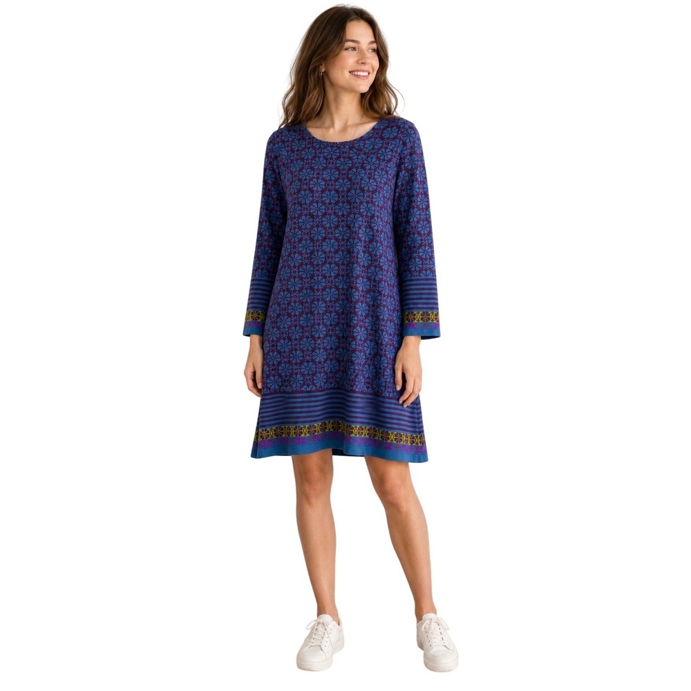 Gudrun Sjoden Organic Cotton Knit Dress Blue Purple Floral Geometric Large